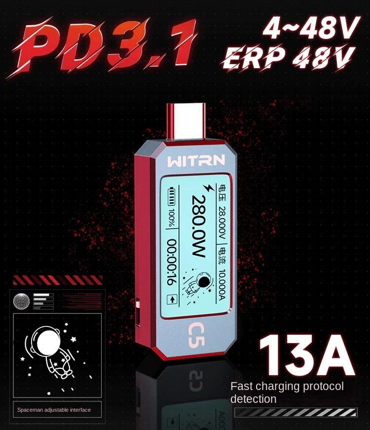  تستر USB مدل WITRN C5 – ابزار حرفه‌ای اندازه‌گیری ولتاژ، جریان و تست شارژ سریع 