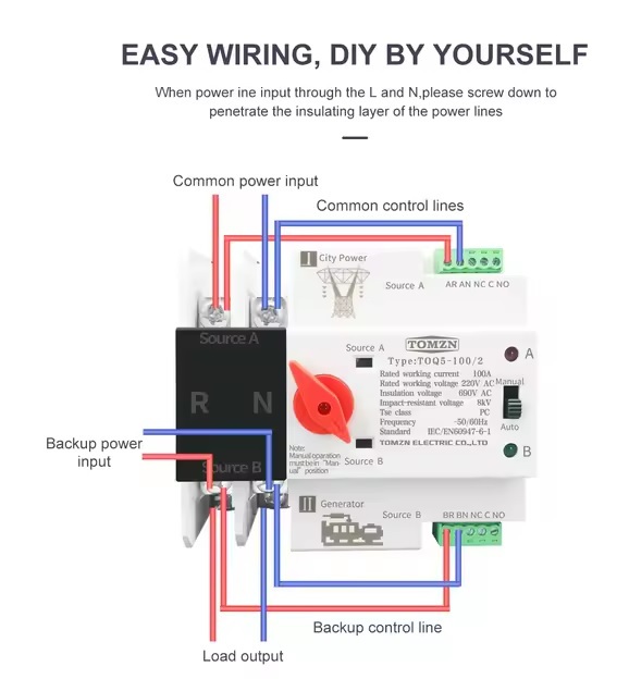  TOMZN Din Rail ATS L N 220V 110V Dual Power Automatic Transfer Electrical Selector Switches Uninterrupted 2P 63A 100A 12 