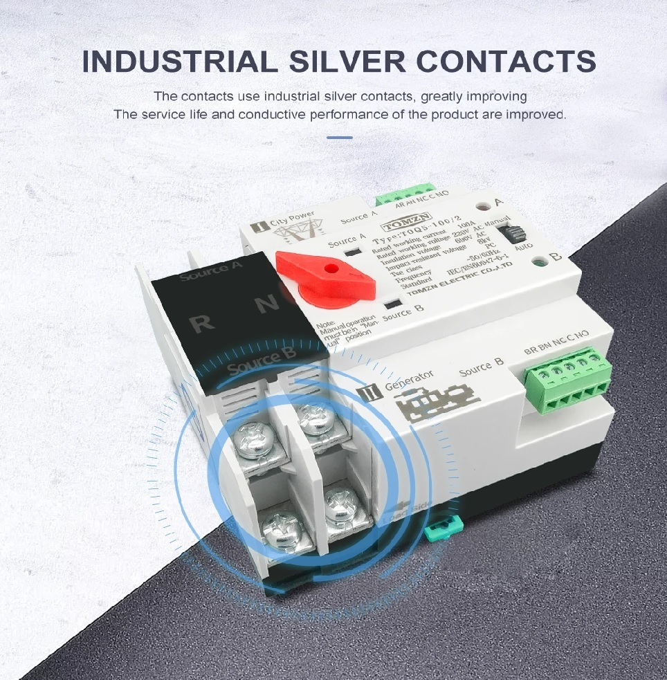  TOMZN Din Rail ATS L N 220V 110V Dual Power Automatic Transfer Electrical Selector Switches Uninterrupted 2P 63A 100A 12 